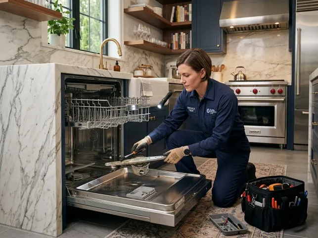 Appliance Repair Hero technician servicing a built-in dishwasher in a Black Diamond, WA kitchen