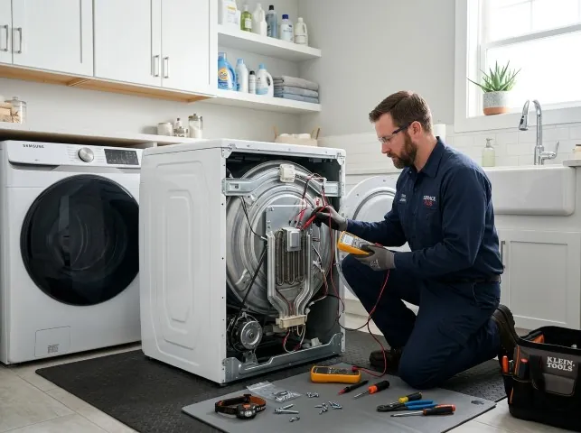 Appliance Repair Hero technician checking a dryer heating element with the rear panel off in Black Diamond, WA