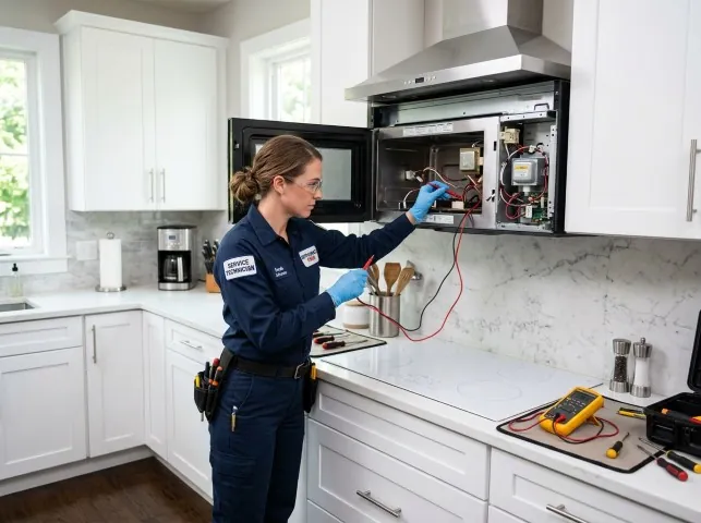 Appliance Repair Hero technician testing an over-the-range microwave in a Black Diamond, WA kitchen