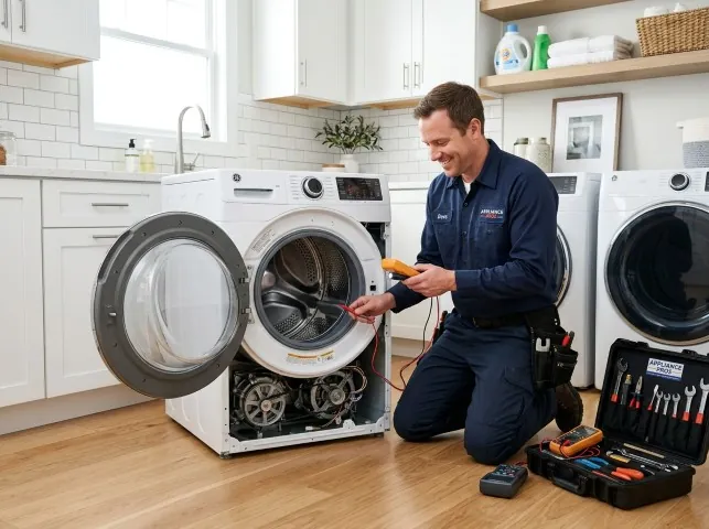 Appliance Repair Hero technician testing a front-load washer with a multimeter on a Black Diamond, WA service call